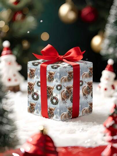 2/1 Roll Of Christmas Gift Wrapping Paper, Featuring A Calf Wearing A Wreath Pattern;Perfect For Christmas Gift Wrapping,Holiday Party Decor,Home Festive Decoration,DIY Craft,Festive Favour Wrapping Dimensions: 43 Cm X 300 Cm.