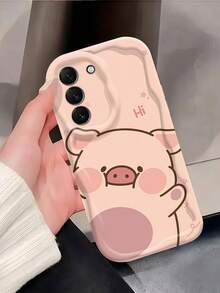 1pc Creamy Big Wave Ins Shockproof Anti-Drop Protective Phone Case, Cute Peeking Pig Phone Shell, Cartoon High Pink Pig Star Print Soft TPU Shockproof Protective Phone Case, Compatible With Android Devices Anti-Drop Protective Shell Compatible With Samsung, Series Phones - White - View 5