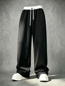 1Pc Versatile Drapey Men's Wide Leg Pants, Contrast Waistband Drawstring Design Black Knit Loose Daily Casual Sweatpants - Black - View 2