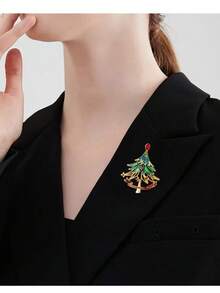1pc Rhinestone Christmas Tree Brooch, Gold Enamel Red Ribbon Women's Collar Pin, Suitable For Christmas Party, Suit, Coat, Scarf, Bag Decoration And Holiday Gift - Multicolor - View 3