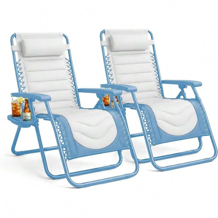 Gravity Chairs (2-Pack) Premium Heavy-Duty Outdoor Recliners With Luxe Two-Tone Design! Features Ultra-Padded Ergonomic Support, 5-Position Adjustable Backrest Independent Headrest, Built-In Cup Holder Phone Slot, And Smooth Rocking F - Blue - View 9