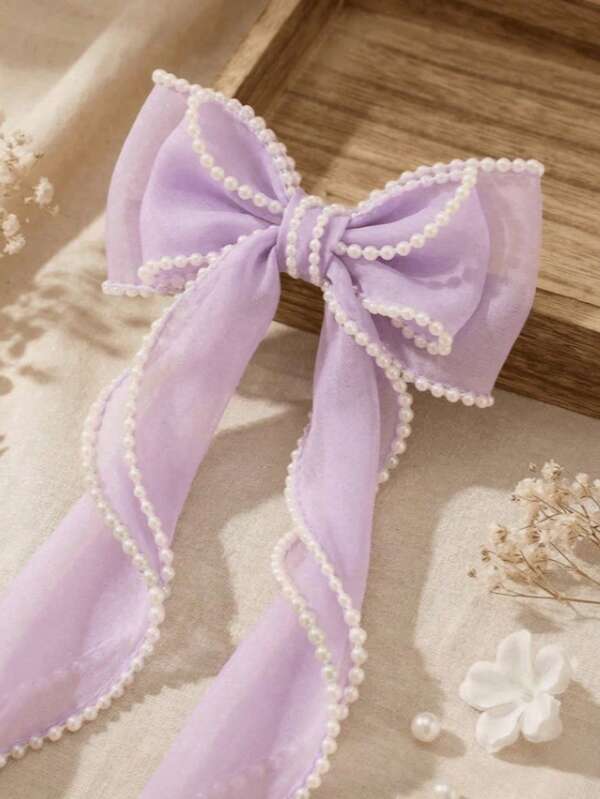 1pc Faux Pearl Decor Bow Hair Clip, Elegant Women's Hair Clip, Hair Claw, Student Daily Hair Accessory, Purple, Suitable For Wedding, Summer Party, Beach And Daily Styling