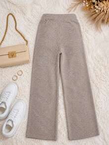Pantalón de pierna ancha para mujer. Sin bolsillo. Ajuste de cintura natural, cordón tipo cinta ajustable. Textura suave, sin estampado. Interior fresco y muy cómodo. - Beis - Ver 3