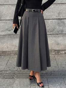 Plus Size Grey High Waist Pleated Skirt For Women, Slimming A-Line Mid-Length Skirt, Professional Office Style, Suitable For Daily Casual And Commute Wear - Grey - View 5