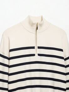 DEEKA Autumn/Winter New Women's European And American Style Fashion Minimalist Versatile Zipper Striped Knit Sweater Pullover - Beige - View 4