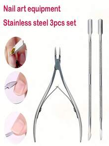 2 Sets Professional Stainless Steel Nail Clippers And Trimmers, Multi-Function Nail Cuticle Pusher, Suitable For Manicure And Nail Care, Includes Metal Nail Clippers And Dual-Head Pusher - Silver - View 2