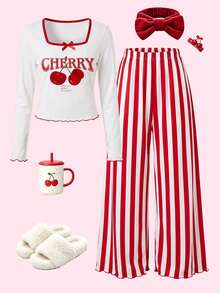Sweet Autumn/Winter Girl Red Cherry Print Bow Decoration Long Sleeve+Striped Long Pants Pajamas 2 Pieces Set, Soft Fabric, Suitable For Girls' Home Wear - White - View 1