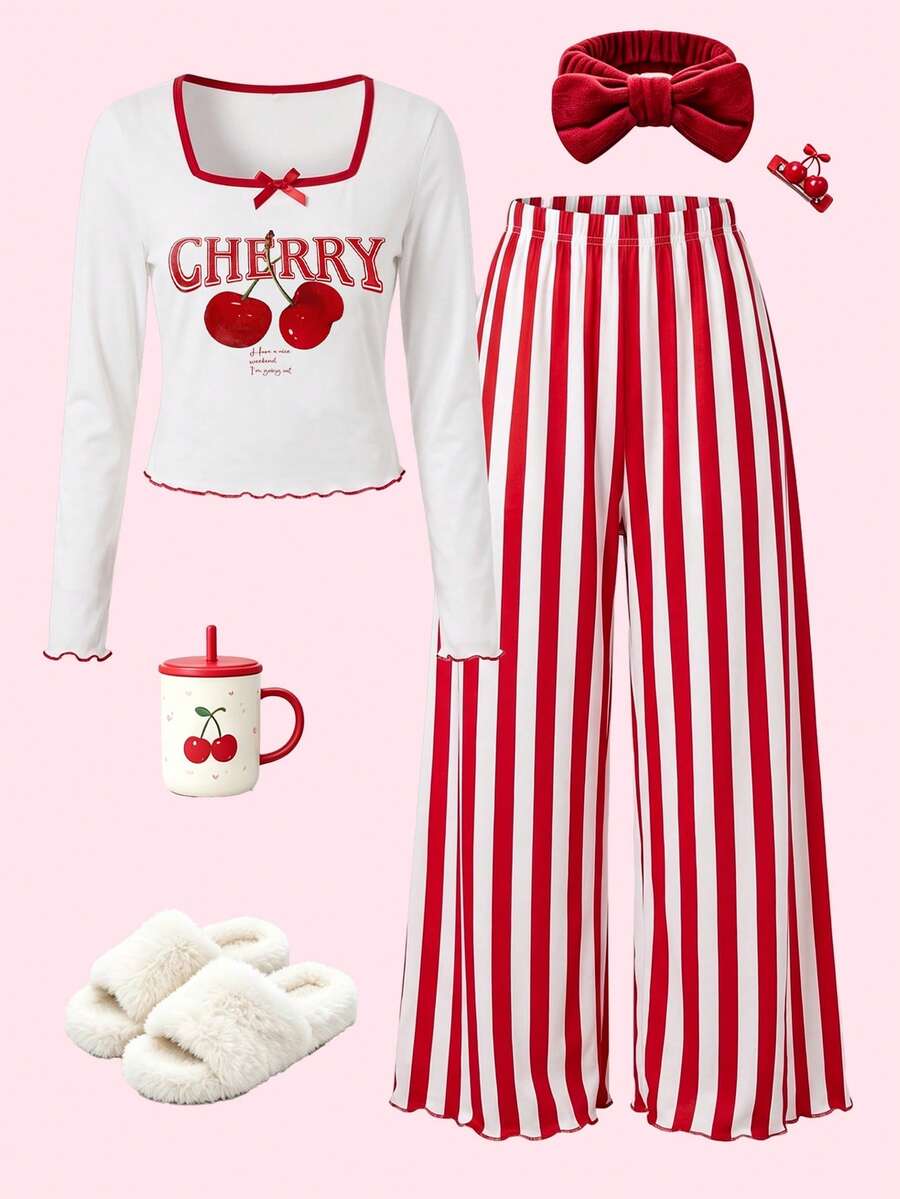 Sweet Autumn/Winter Girl Red Cherry Print Bow Decoration Long Sleeve+Striped Long Pants Pajamas 2 Pieces Set, Soft Fabric, Suitable For Girls' Home Wear - White - View 1