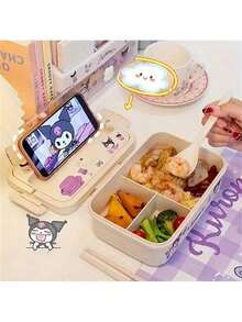 1pc Sanrio KT Cat Back To School Season Divided Lunch Box With Lid, Transparent Cover, Utensils Fork & Spoon, Reusable, Microwave Plastic Bento Box, Portable Breakfast Container, Perfect For Home Kitchen, School, Office, Travel And Outdoor Picnic, Random Stickers - Multicolor - View 3