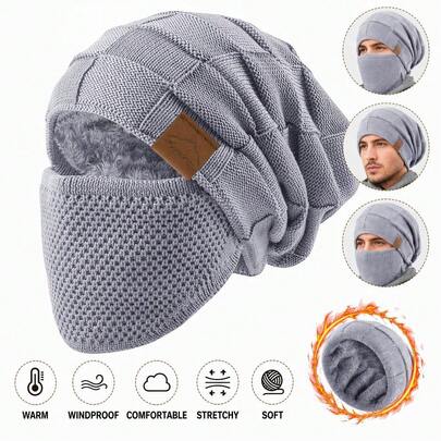 Conjunto de 2 peças de máscara facial e gorro térmico de inverno unissexo, com forro térmico e proteção contra o frio, fecho elástico com cordão, leve e quente, adequado para ciclismo, esqui e desportos ao ar livre, gorro pullover de cor lisa, gorro de inverno quente com forro térmico e protetores de orelhas à prova de vento, gorro casual para exterior com conjunto de máscara
