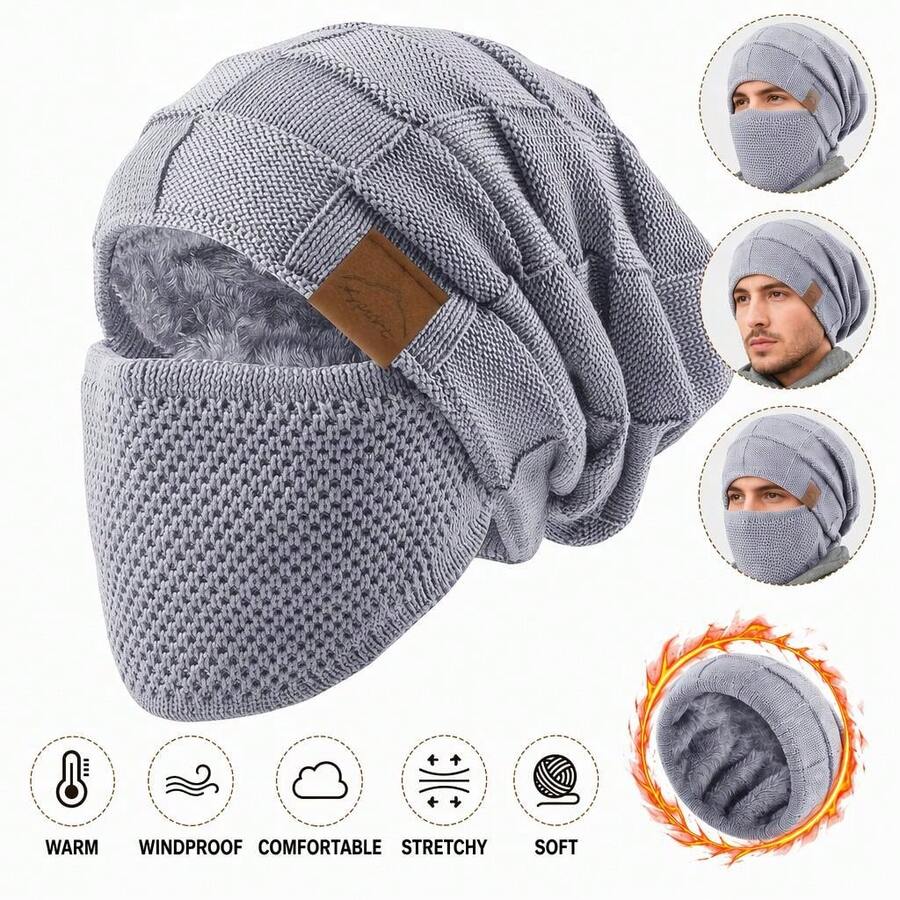 Unisex Winter Thermal Lined Cold-Proof Face Mask 2-Piece Set Hat - Elastic Drawstring Closure, Lightweight And Warm, Suitable For Cycling, Skiing, Outdoor Sports, Solid Color Pullover Hat, Winter Warm Thermal Lined Windproof Ear Muffs Hat Outdoor Casual Hat With Mask Set - Multicolor - View 1