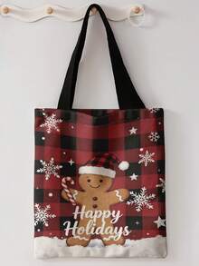 1pc Christmas Plaid Print Print Shoulder Tote,Large Capacity For Books,Groceries & Daily Beach Travel School Use.For Students, Great Daily Bag Or Gift - Red - View 17