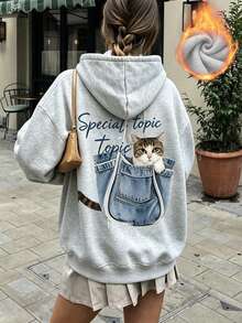 Women's New Autumn/Winter Minimalist Pullover Sweatshirt, Decorated With Cute Cat Pattern Print In Pockets, Casual Fashion Versatile Fall - Grey - View 3