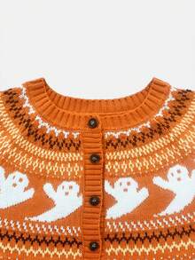 Women's Halloween Autumn/Winter Pumpkin Color Fair Isle Plaid Ghost Round Neck Button Casual Loose Long Sleeve Knit Cardigan - Orange - View 7