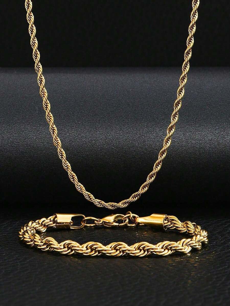 2pcs/Set Gold Twisted Rope Chain Necklace & Bracelet, Hip Hop Street Style For Boys, Daily Wear, Party, Cool Fashion Jewelry Gift - Gold - View 1