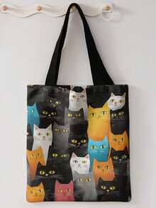 1pc Reading Black Cat Print Shoulder Tote,Large Capacity For Books,Groceries & Daily Beach Travel School Use.For Students, Great Daily Bag Or Gift - Multicolor - View 13