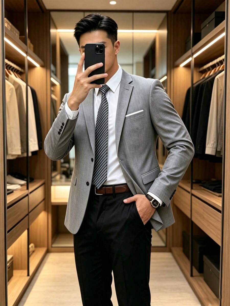 Men's Light Gray Slim Fit Casual Business Commute Single-Breasted Blazer Jacket, Mature Style, Versatile, Easy Care - Grey - View 1