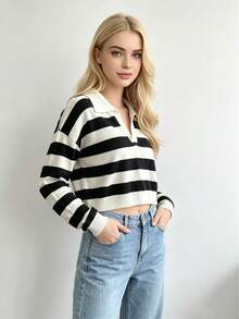 Jersey de punto con solapa a rayas en blanco y negro para mujer, camisa POLO casual de manga larga, corte entallado, favorecedor, cómodo y de estilo moderno. - Blanco y Negro - Ver 2