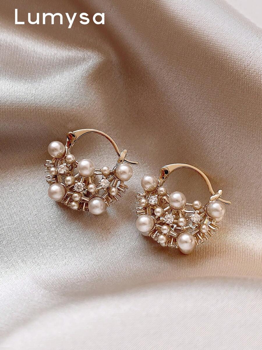 1 Pair Elegant Cubic Zirconia Hollow Faux Pearl Stud Earrings, Suitable For Women's Daily Wear