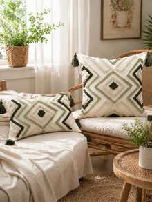 1pc/2pcs Bohemian Flocked Diamond Throw Pillow Cover With Tassel Corners, Rhombus Geometric Pattern, Olive Green & Sage Green, 18x18 Inch & 12x20 Inch, Suitable For Living Room Sofa, Bedroom Bed, Headboard, Outdoor Garden, Farmhouse Party Decor (Pillow Insert Not Included) - Green - View 8