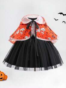 Baby Girls Round Neck Solid Color Party Tutu Princess Dress Pumpkins Ghost Cape 2pcs Set Suitable For Halloween Party, Headband Not Included - Multicolor - View 1