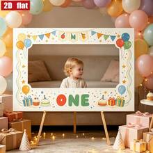 One-Year-Old Birthday Photo Booth Photo Frame, Colorful Cartoon-Style Selfie Props, Printed With Balloons, Gift Boxes And Cake Patterns, First Birthday Decoration Photo Frame. - 1 - View 3