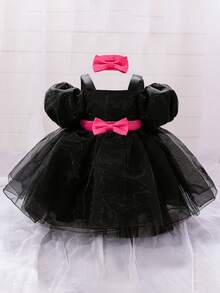 Baby Girls Big Bow Design Black Organza Cute Halloween Party Princess Dress Suitable For Ball, Does Not Include Headband And Handbag - Multicolor - View 5
