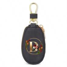 Floral Wreath Letter A-Z Car Key Holder, Mini Car Key Storage Bag, PU Leather Keychain Wallet, Zipper Pouch, Car Key Organizer, Car Keychain, Unisex Gift - Multicolor - View 43