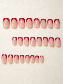 24pcs Summer Short Square Elegant Burgundy Edge Striped French Nude Pink Glossy Artificial Nails, Fashionable & Versatile For Dates, Parties, Spring/Summer, Suitable For Women & Girls, Autumn/Winter Daily Wear, Removable Press-On Nails Set With Jelly Gel And File Included, Random Jelly Gel Color - Burgundy - View 3