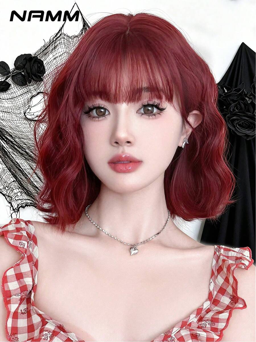 NAMM [1pc High Density Bob Wig] 1pc Women'S Short Loose Wave Bob Wig, High Density 150% Fluffy Synthetic Hair, Heat Resistant, Rose Net Cap, Red, Basic Style For Daily & Party Use 14 Inch, Halloween
