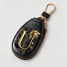 Litchi Pattern Key Bag -Black Gold Letters A-Z Car Key Protection Cover,PU Key Storage Clip,Zipper Bag,Car Key Storage Device,Car Keychain,Unisex Gift - Multicolor - View 36