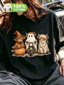 Retro-Style Plus-Size Black Casual T-Shirt Featuring An Embossed Halloween Design (Calf, Pumpkin, And Ghost); Madeof100% Cotton; Perfect For Halloween - Black - View 5