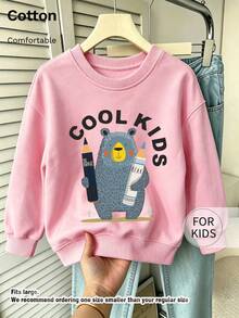 Tween Girl Crew Neck Sweatshirt, Cool Tween Girl Bear With Pencils Graphic Print Cotton Pullover For Tween Girl - Pink - View 1