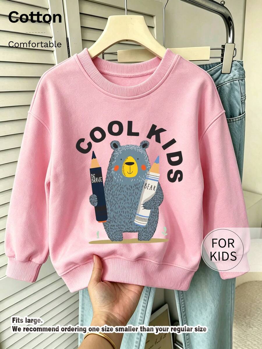 Tween Girl Crew Neck Sweatshirt, Cool Tween Girl Bear With Pencils Graphic Print Cotton Pullover For Tween Girl - Pink - View 1