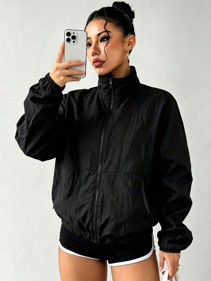 Women's Lightweight Sun Protection Jacket, Autumn Outdoor Top, Casual Sports Stand Collar Jacket - Black - View 1