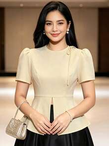 1件式現代菲律賓風荷葉邊純色開衩短袖上衣 女款 夏季 - 杏色 - 查看 1