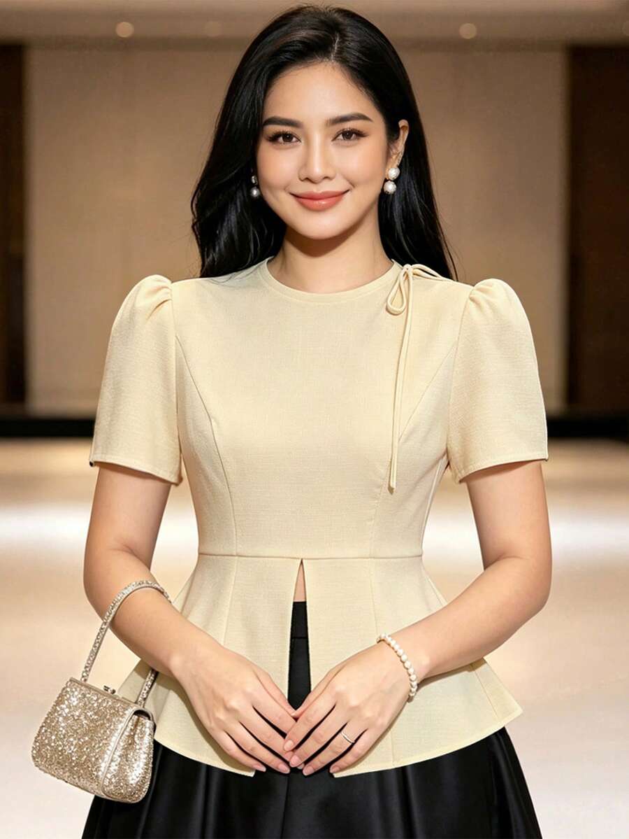1件式現代菲律賓風荷葉邊純色開衩短袖上衣 女款 夏季 - 杏色 - 查看 1
