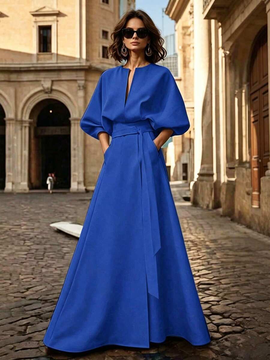 Solid Color Printed Belt Decor V-Neck Puff Sleeve A-Line Maxi Dress Summer Elegant - Blue - View 1