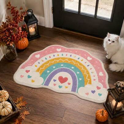 1pc Cloud Shaped Rainbow Velvet Asymmetrical Door Mat, Full Print Heart Accents, Macaron Soft Color Palette, Velvet Fabric Smooth And Skin-Friendly, Machine Washable And Easy To Care, Suitable For Entryway, Bedroom Entrance, Adding Sweet And Healing Home Atmosphere, Door Mat, Small Rug, Welcome Mat, Carpet, Floor Mat, Outdoor Door Mat, Kitchen Rug, Home Decor, Front Door Mat, Area Rug, Outdoor Mat, Home Decor, Area Carpet, Garden Rug, Washable Carpet