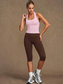 VVX Women's 2 Pieces Workout Set Capri Yoga Legging High Waist Tummy Control Halter Neck Backless Sports Tank Top Slim Gym Suit - Pink - View 2