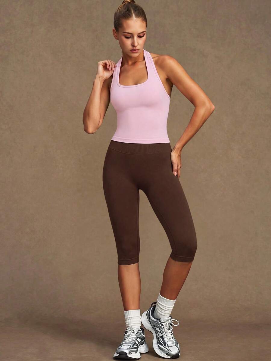 VVX Women's 2 Pieces Workout Set Capri Yoga Legging High Waist Tummy Control Halter Neck Backless Sports Tank Top Slim Gym Suit