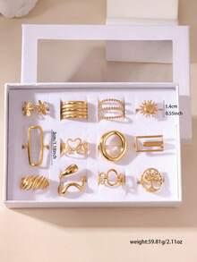 12PCS Exaggerated Elegant 18K Gold Plated Stainless Steel Heart Flower Geometric Crown Bow Rings Jewelry Box Set Gift Box Packaging Suitable For Women Daily Wear And Gifting - Gold - View 2