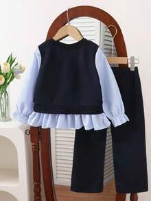 Young Girls Autumn/Winter 3D Floral Blue Striped Patchwork 2 In 1 Top + Knitted Flare Pants Casual Set - Blue - View 3