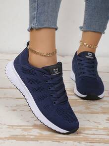 Women's Low-Top Sneakers - EVA Sole, All-Season Lace-Up Athletic Shoes, Lightweight Durable Knit Design, Multiple Colors Available, Comfortable Fit - Navy Blue - View 1