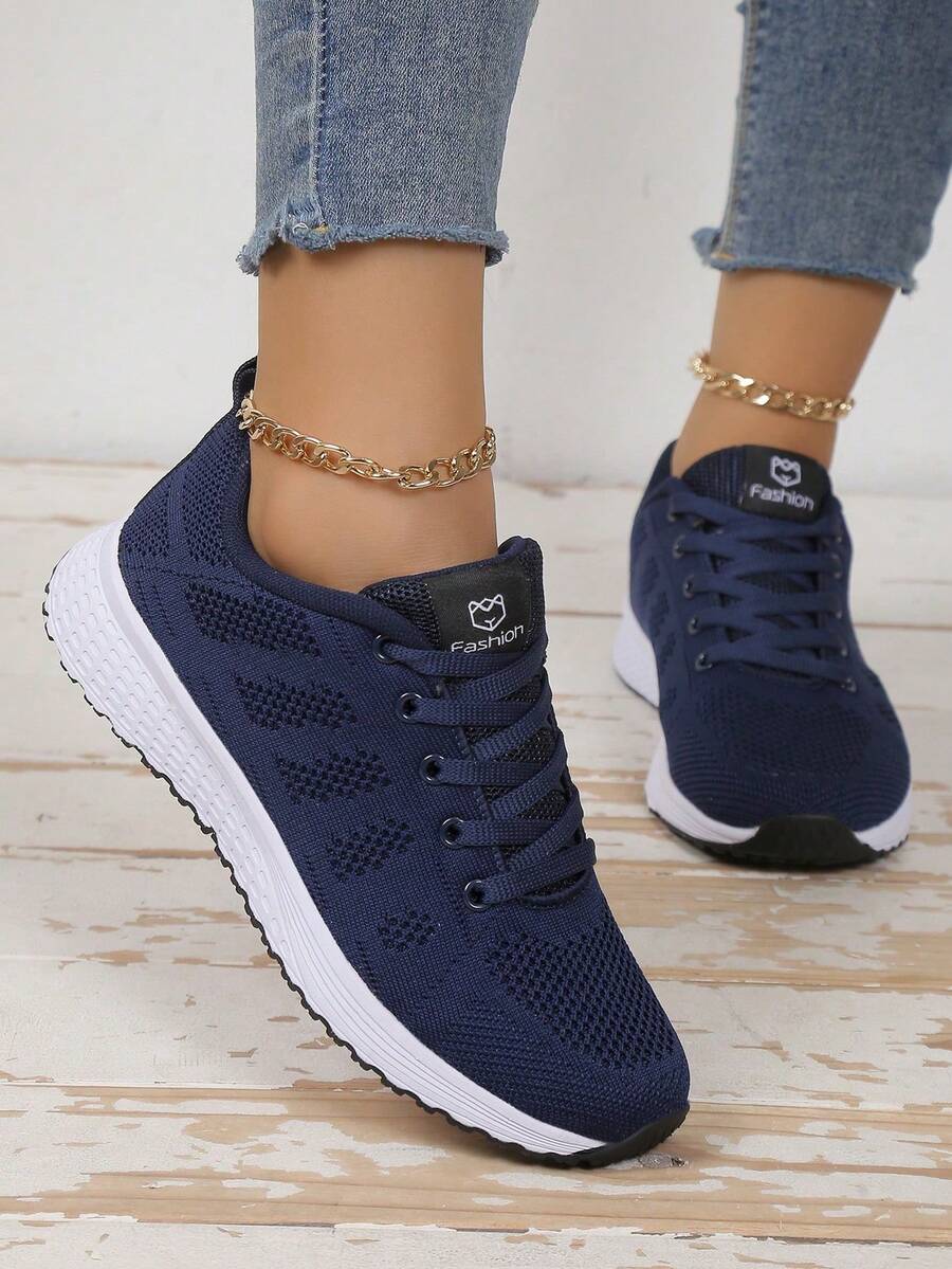 Women's Low-Top Sneakers - EVA Sole, All-Season Lace-Up Athletic Shoes, Lightweight Durable Knit Design, Multiple Colors Available, Comfortable Fit - Navy Blue - View 1