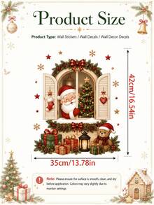 1pc Christmas Window Scene Wall Sticker Santa Claus Reindeer Peeking Through Window Christmas Tree Gift Box Holiday Window Decal Cozy Christmas Home Decor Self-Adhesive Removable Waterproof PVC Peel And Stick Wall Sticker For Home Holiday Decoration - Christmas Wall Decals - View 2