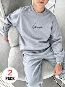 2pcs/Set Boys Street Style Casual Outfit, Includes "Change" Graphic Crew Neck Long Sleeve Sweatshirt + Wide Leg Pants, Autumn/Winter - Grey - View 1