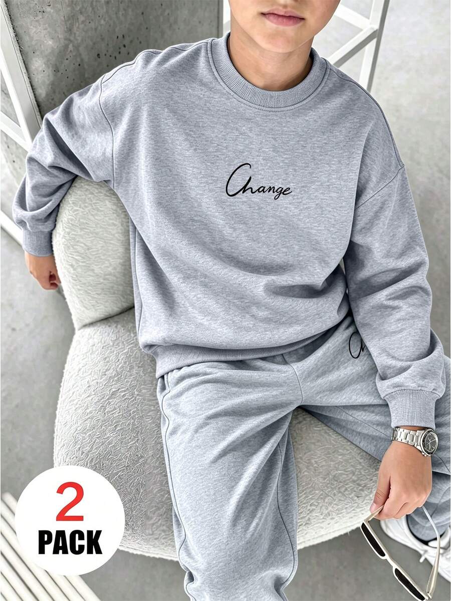 2pcs/Set Boys Street Style Casual Outfit, Includes "Change" Graphic Crew Neck Long Sleeve Sweatshirt + Wide Leg Pants, Autumn/Winter - Grey - View 1