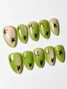 10PCS Almond Press On Nails, Y2K Fresh Lime Green Gradient Cat Eye Fake Nails, Metallic Gold Star Decals Glossy Reusable Handmade Artificial Nail Kit For Women Daily Party - Lime Green - View 3
