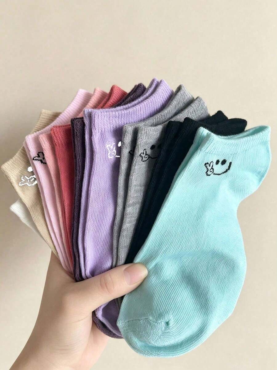 1/5/10 Pairs Women's Cartoon Pattern Solid Color Boat Socks, Comfortable Sweat-Absorbing Breathable Casual Socks, Suitable For Daily, Home, School Style, All Seasons - Multicolor - View 1
